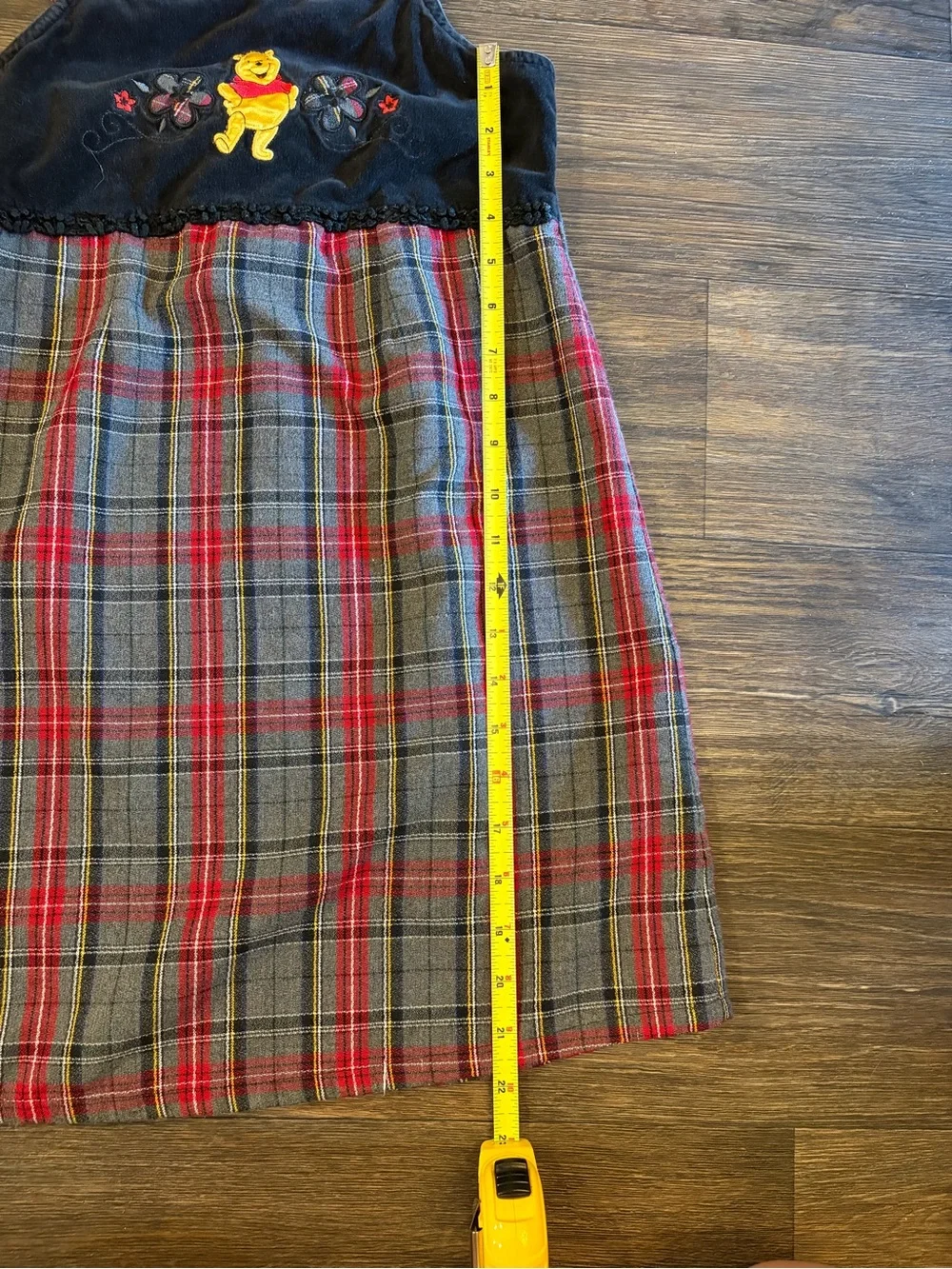 90s Girls Winnie The Pooh Velour & Plaid Overall Dress Embroidered Size 10/12